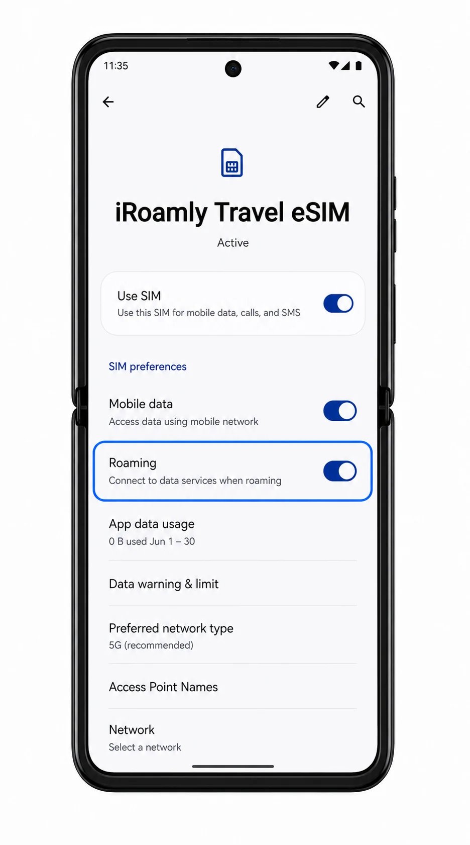 Motorola Razr+ 2025 iRoamly eSIM settings showing Roaming enabled