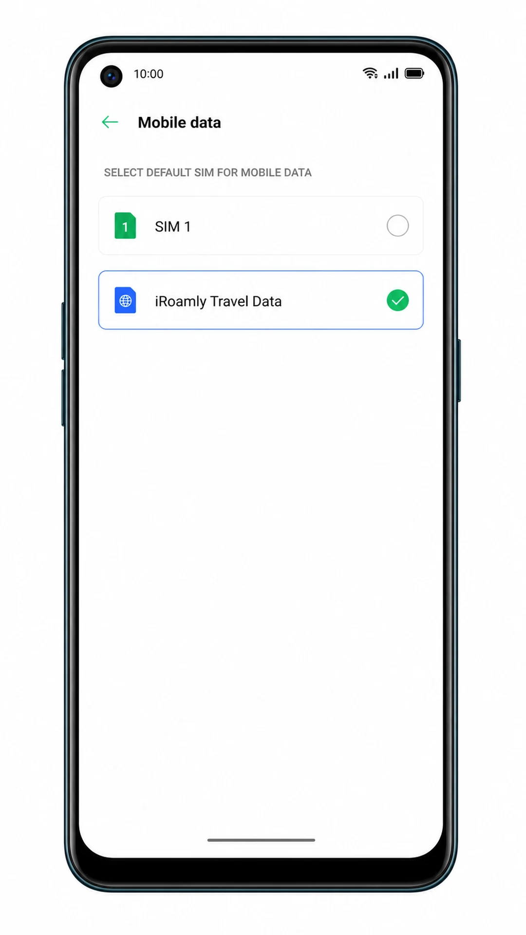 Oppo Reno 5A mobile data preference showing iRoamly eSIM selected