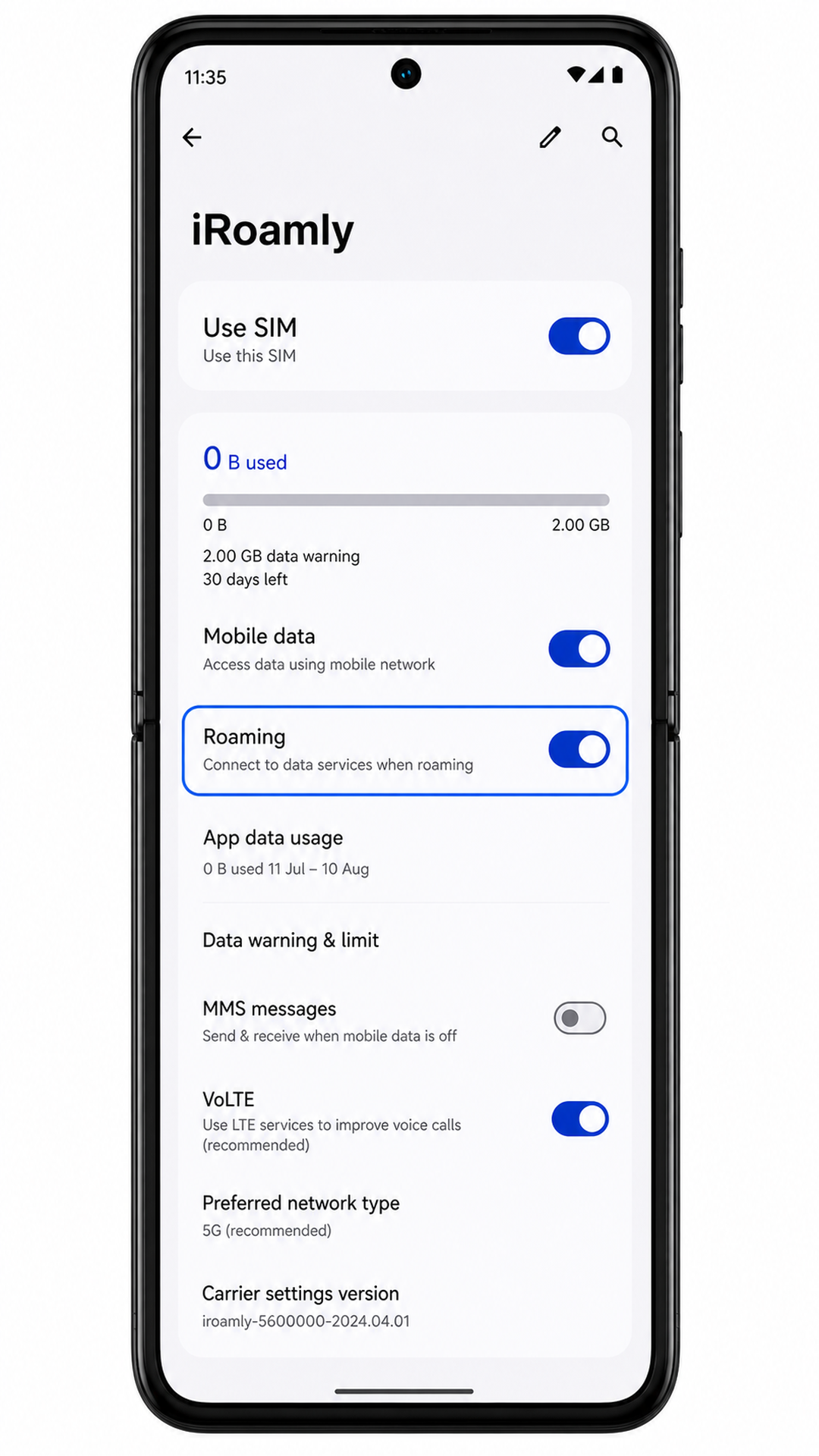 Motorola Razr Ultra 2025 iRoamly eSIM page showing Roaming enabled