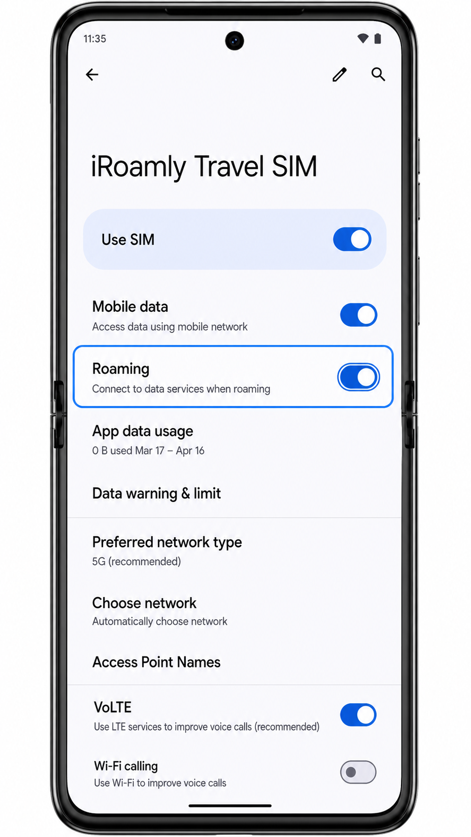 Motorola Razr 50 data Step 3: Enable roaming for iRoamly eSIM