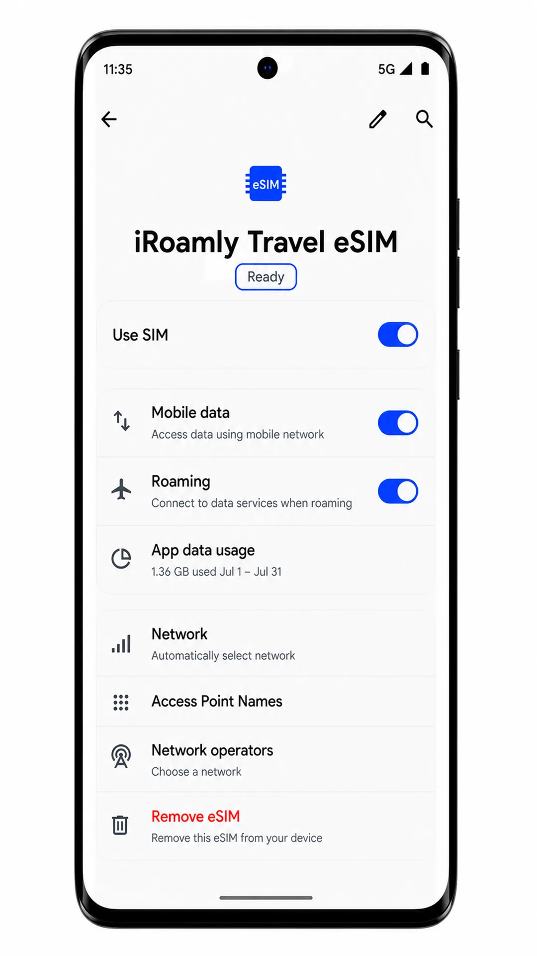 Stato e impostazioni SIM del Motorola Edge 60 Fusion che mostrano iRoamly eSIM pronta