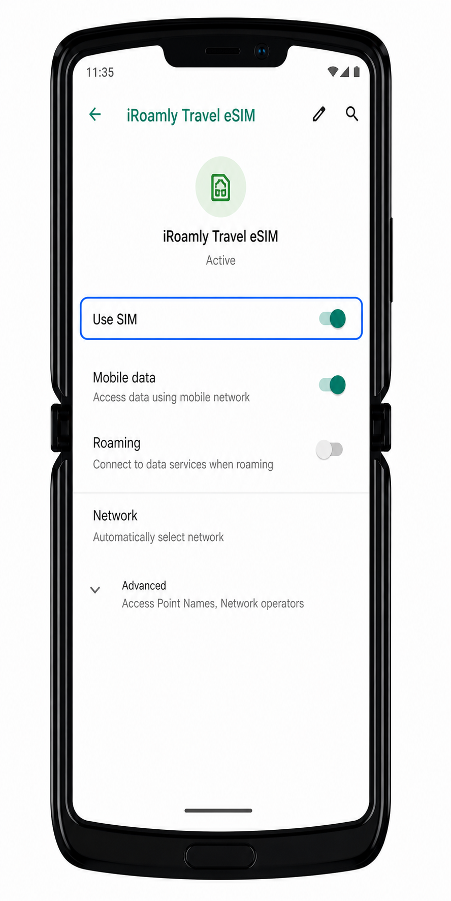 Motorola Razr 2019 confirmation Step 2: iRoamly eSIM toggle enabled