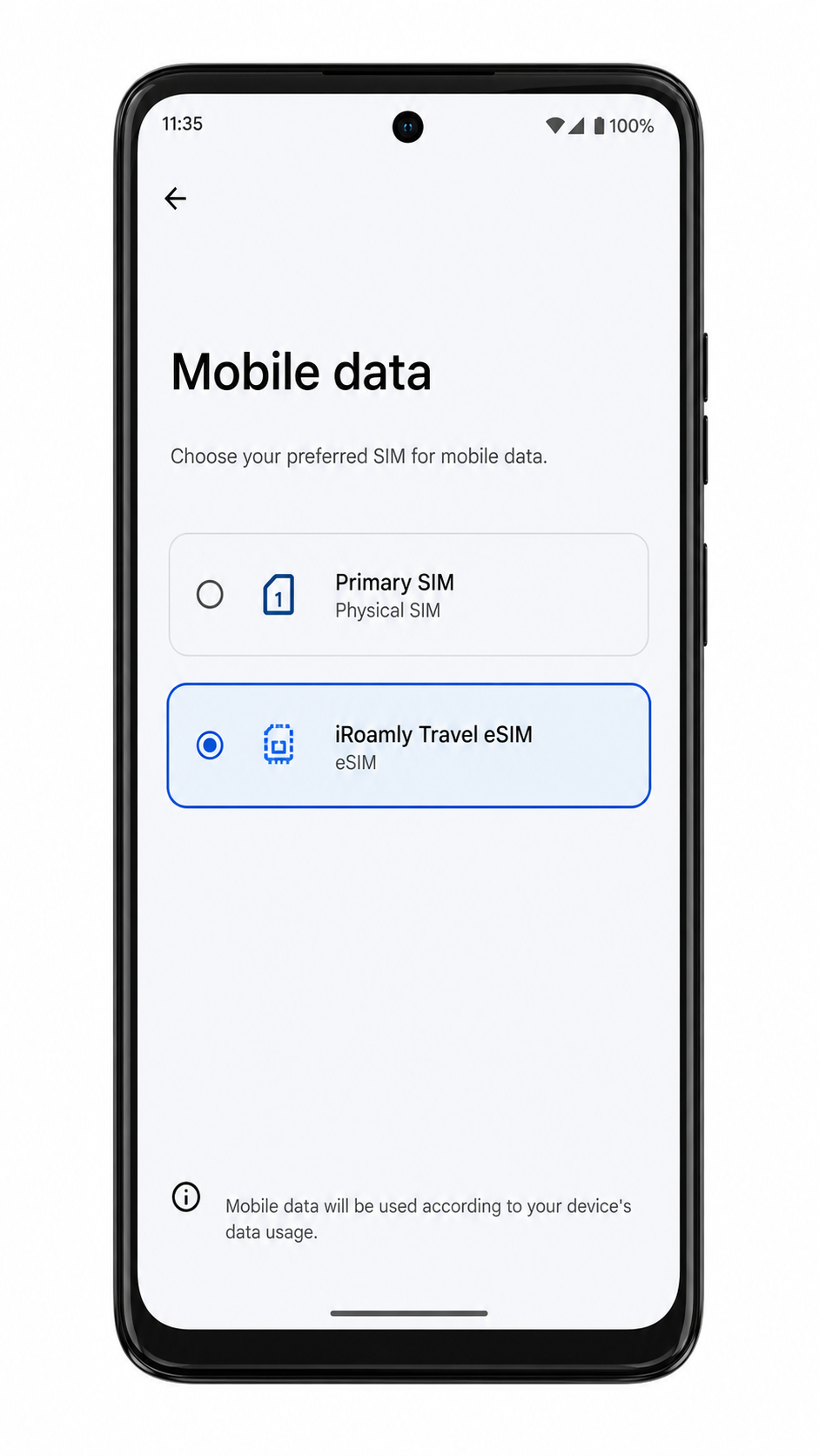 Moto G Power 5G (2024) mobile data preference screen with iRoamly selected