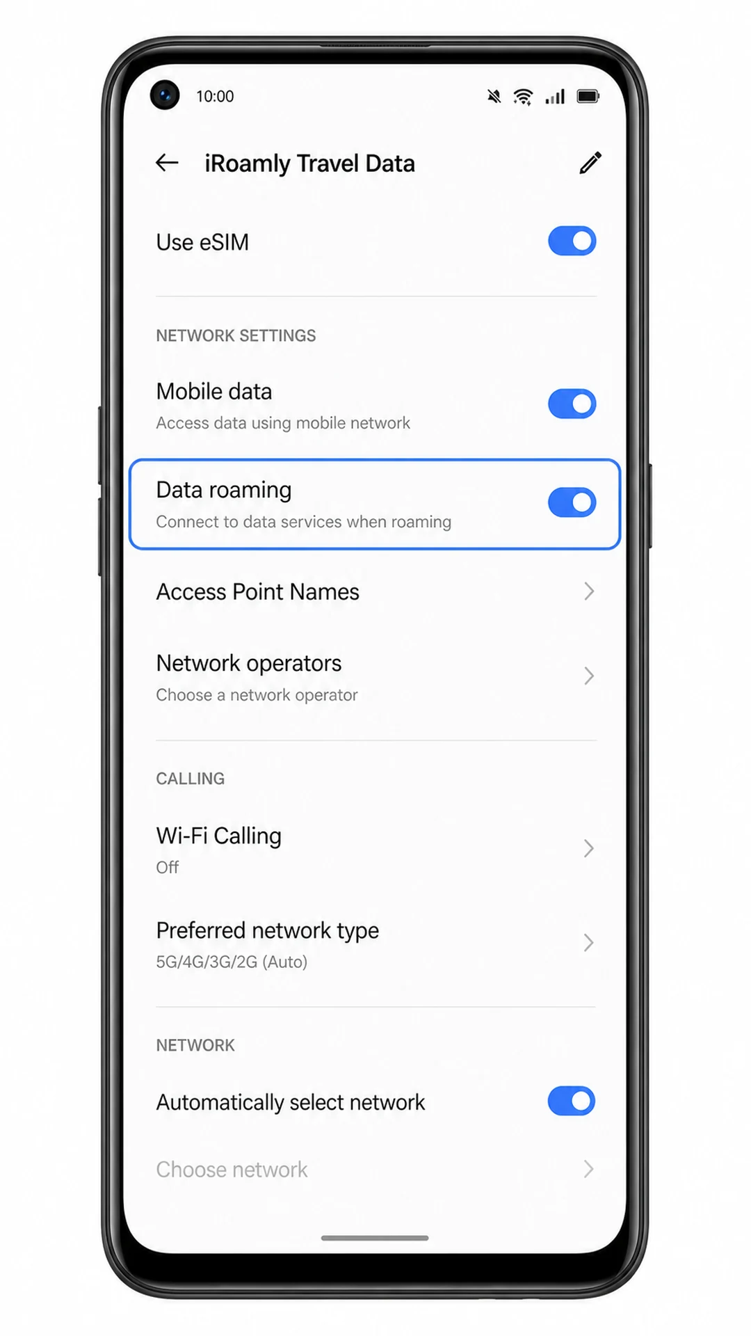 Oppo Reno 5A iRoamly eSIM profile showing Data roaming enabled