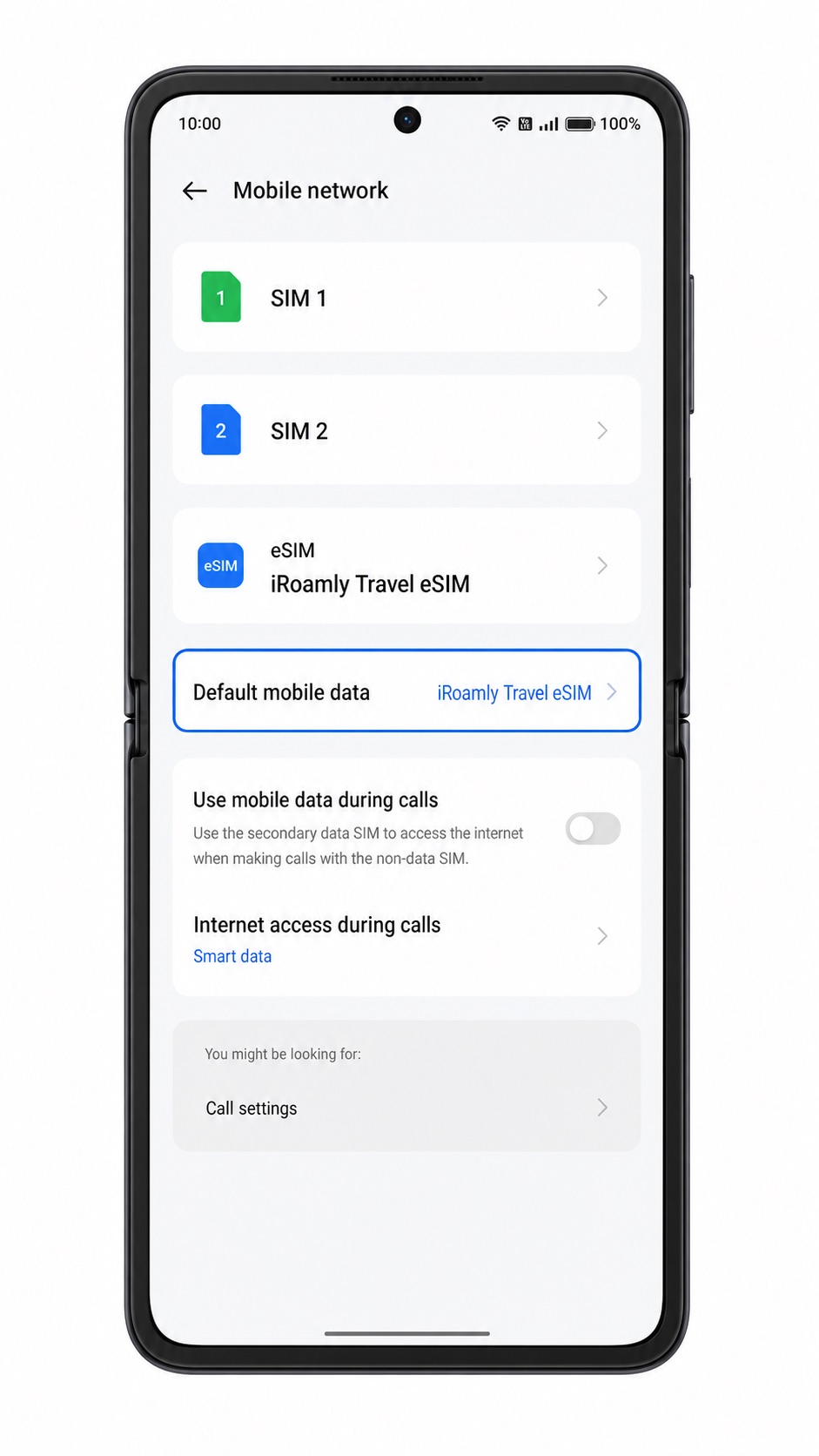Oppo Find N2 Flip Mobile network screen showing default mobile data line selection