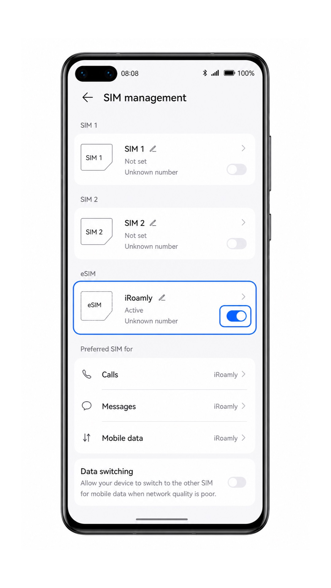 Huawei P40 SIM management screen with iRoamly eSIM toggle enabled