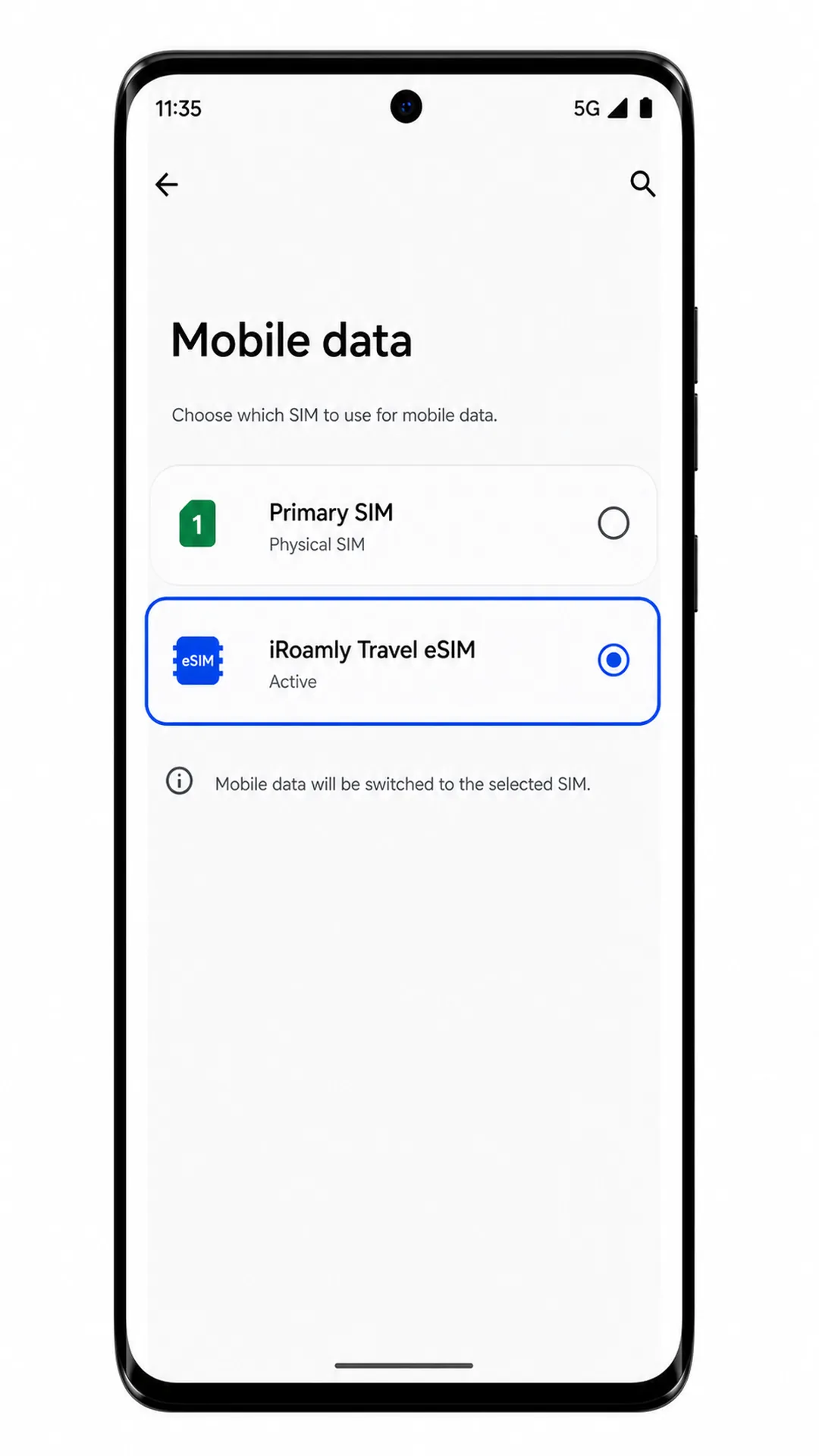 Preferenza dati mobili del Motorola Edge 60 Fusion che mostra iRoamly selezionato