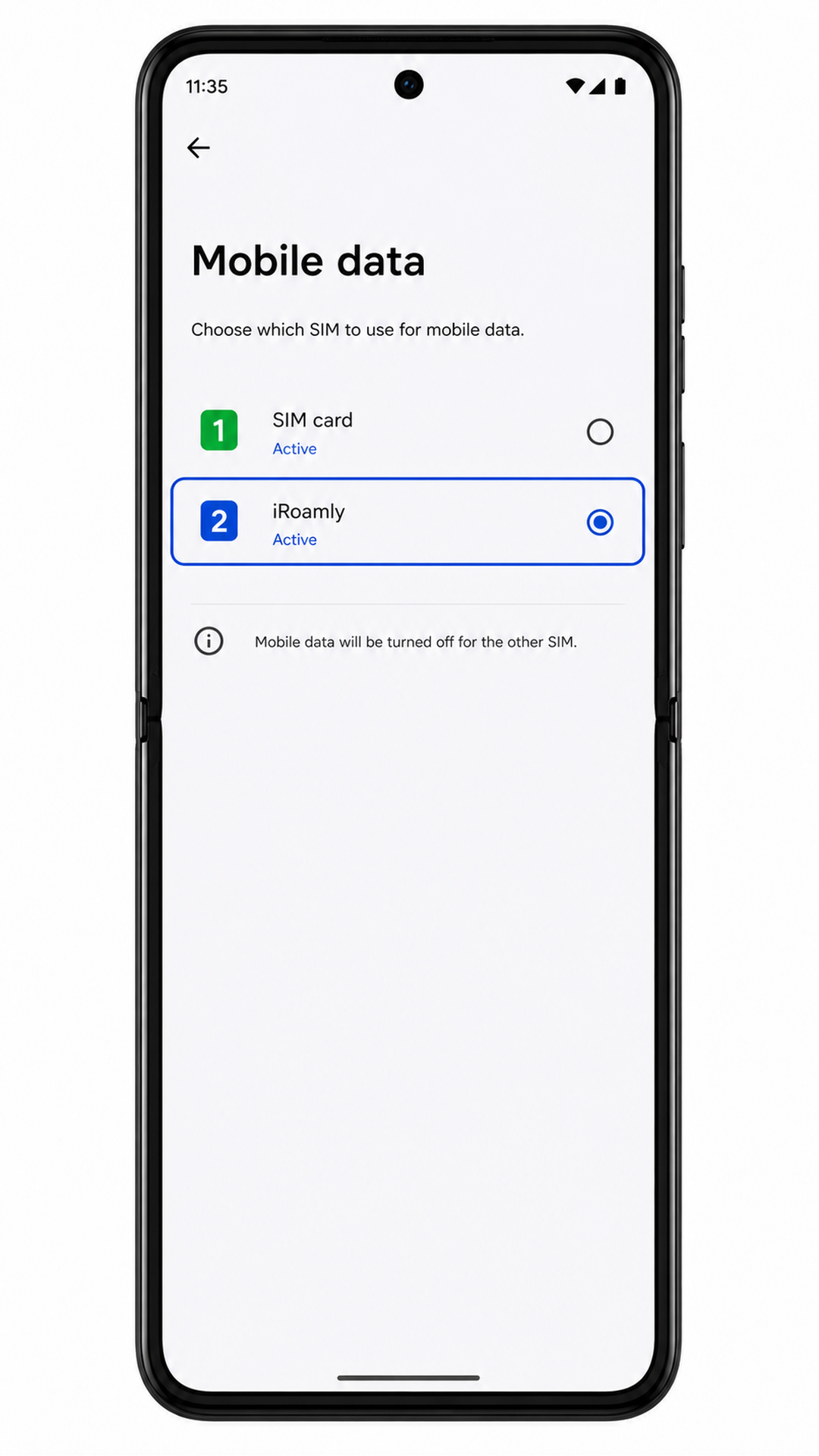 Motorola Razr Ultra 2025 SIMs page showing iRoamly selected for mobile data