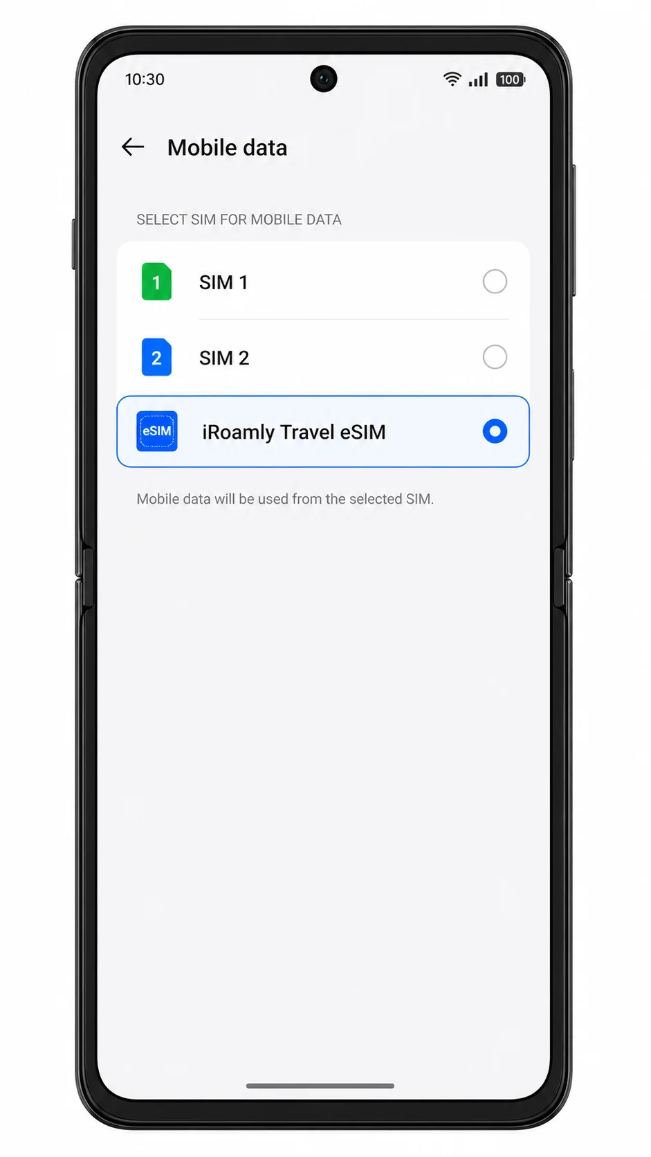 Oppo Find N3 Mobile data selector showing iRoamly eSIM highlighted