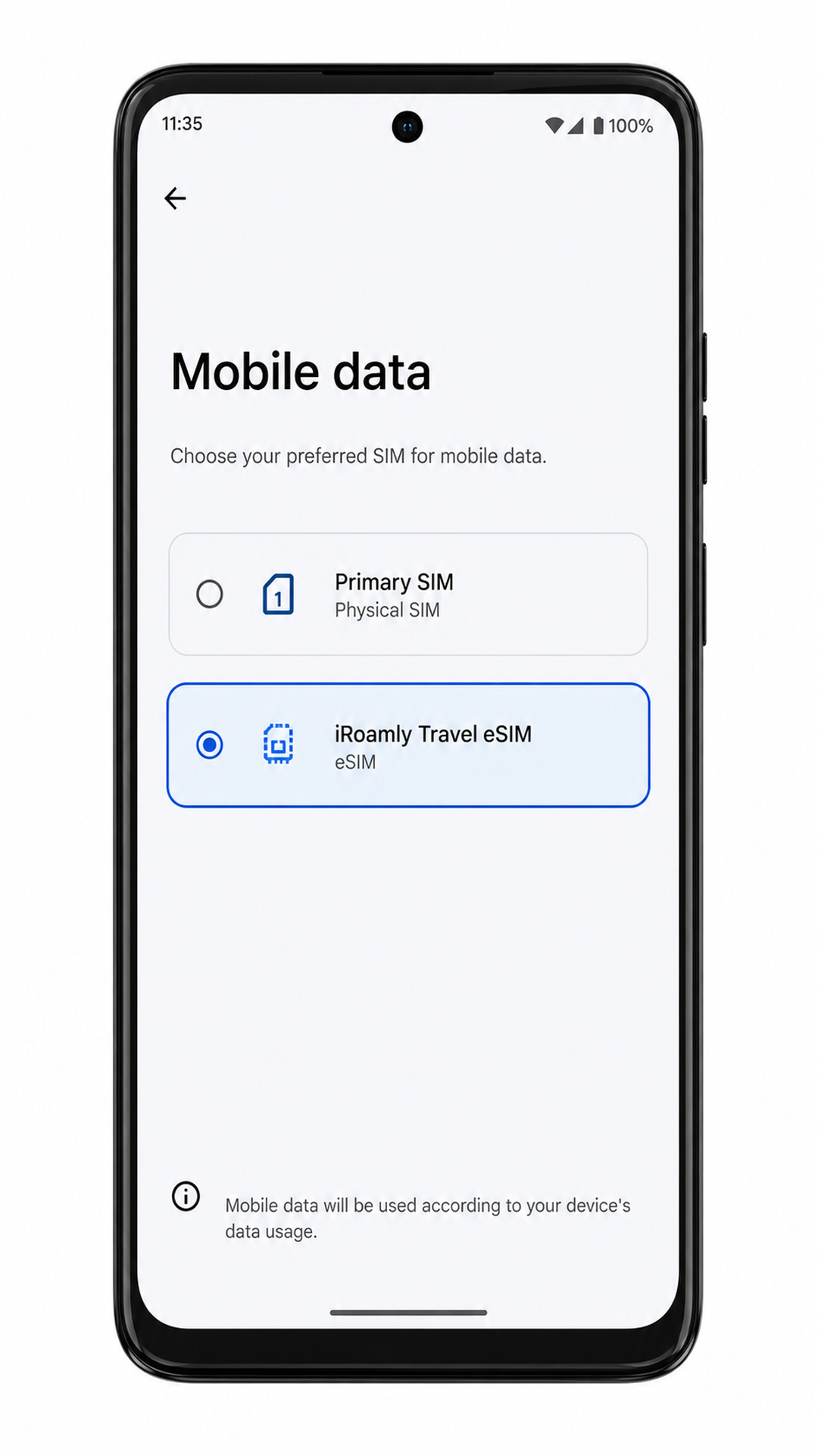 Moto G Power (2024) mobile data selection screen with iRoamly selected Moto G Power (2024) mobile data selection screen with iRoamly selected