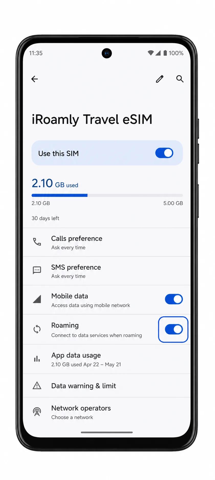 Moto G Stylus 5G 2024 iRoamly eSIM settings showing Roaming enabled