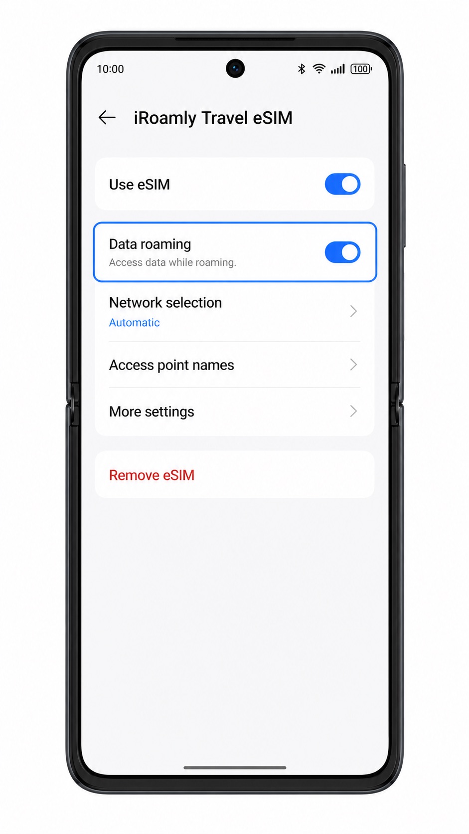 Oppo Find N2 Flip iRoamly eSIM details screen showing Data roaming enabled