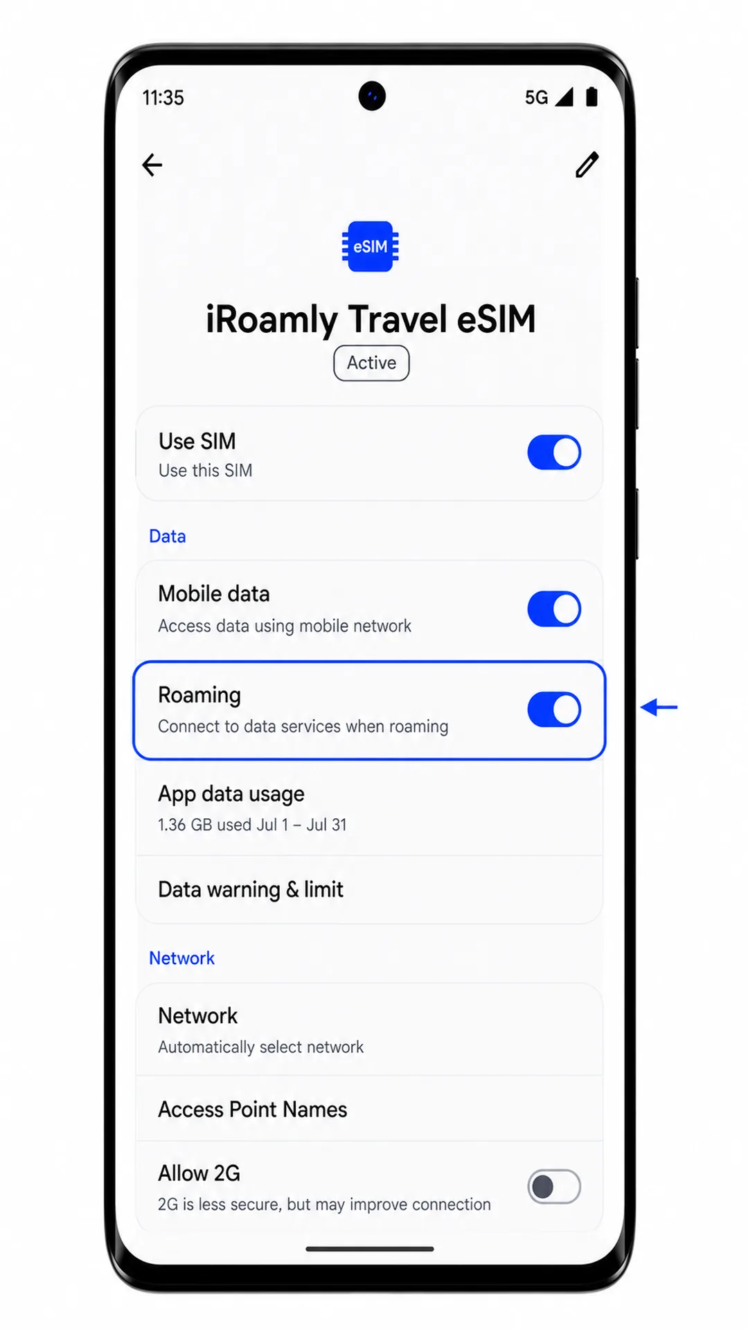 Impostazioni iRoamly eSIM del Motorola Edge 60 Fusion che mostrano l'opzione Roaming evidenziata