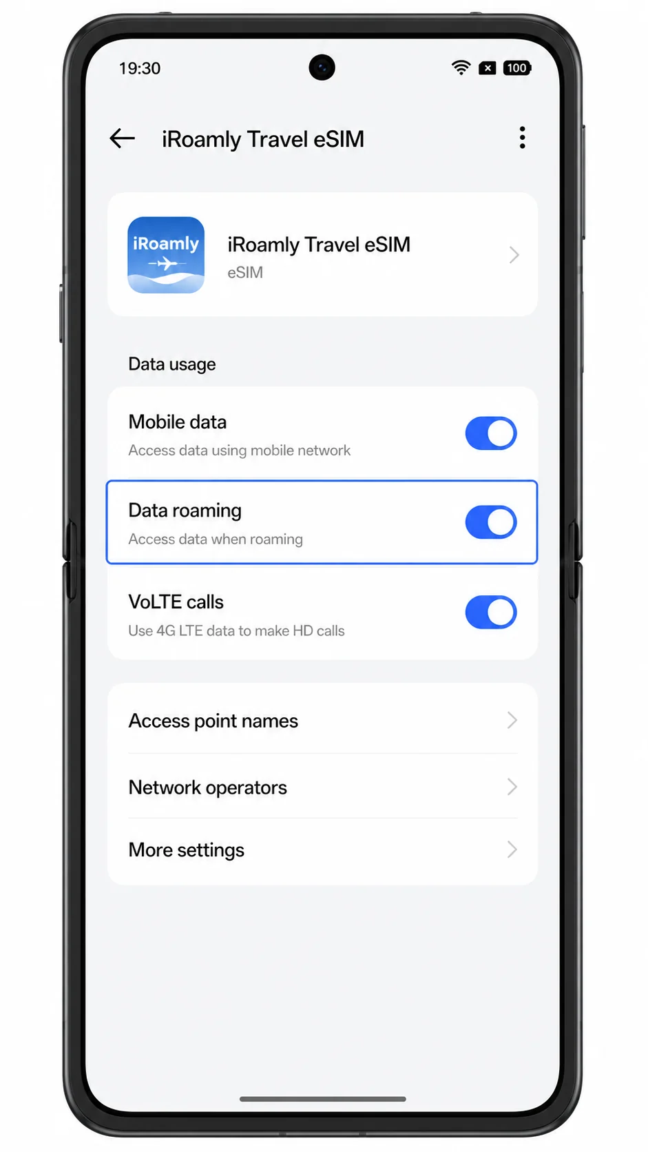 Oppo Find N3 iRoamly eSIM settings showing Data roaming highlighted