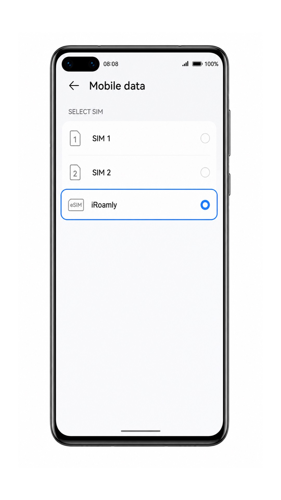 Huawei P40 default mobile data selector with iRoamly eSIM highlighted