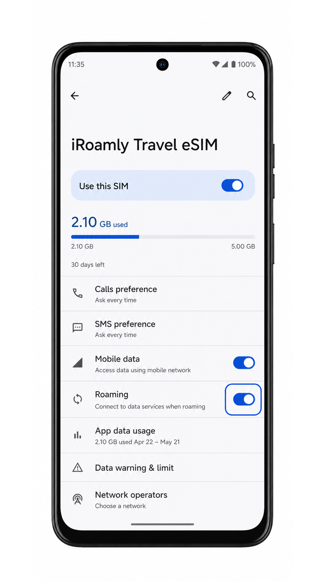 Moto G Power (2024) iRoamly eSIM roaming setting highlighted