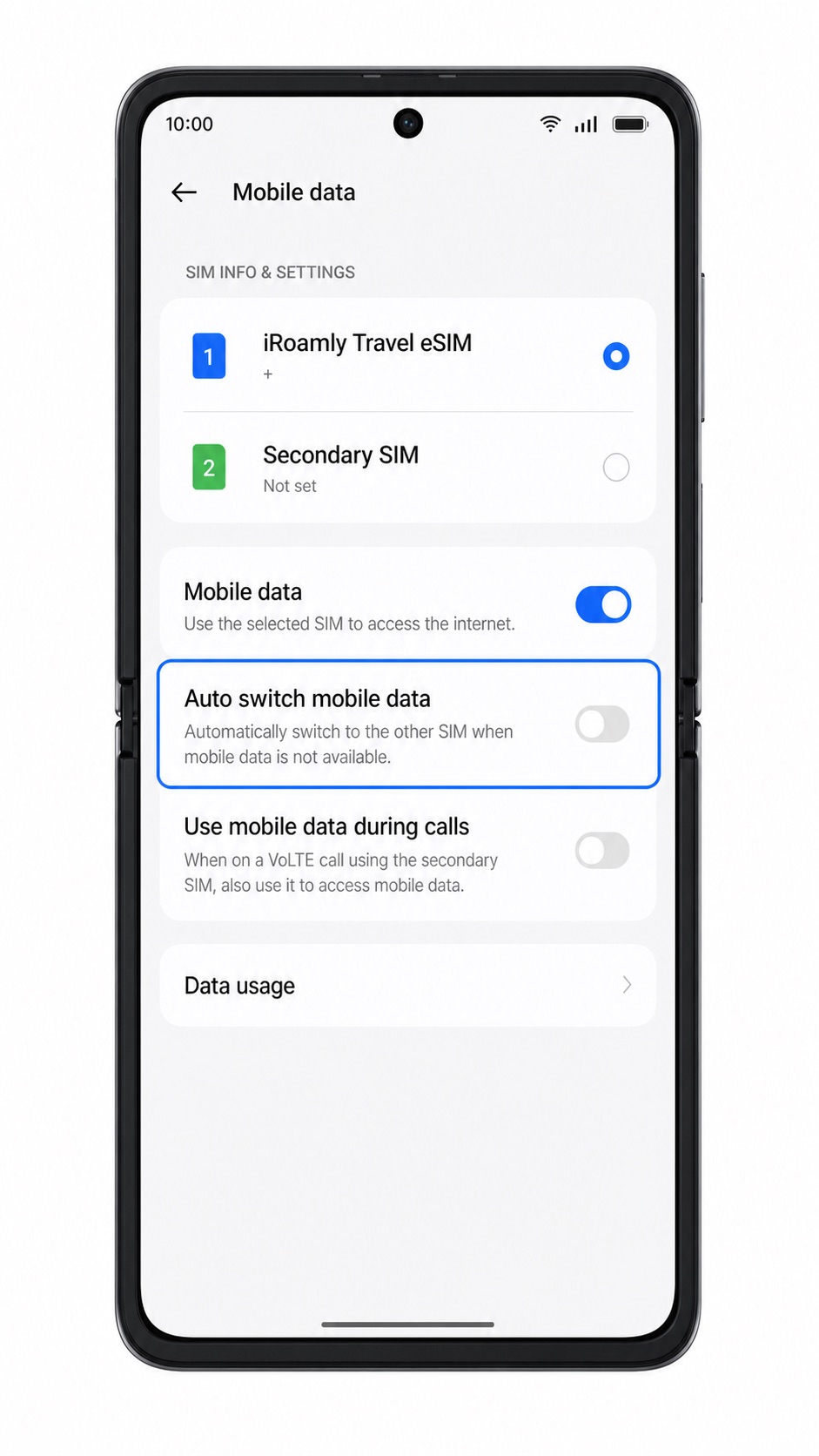 Oppo Find N2 Flip mobile data switching screen with primary SIM switching disabled