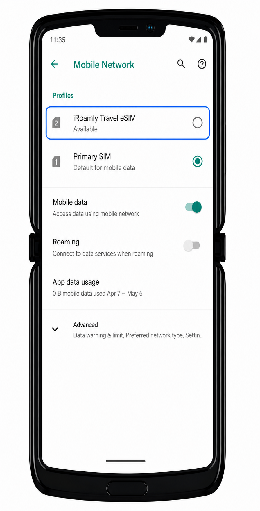 Motorola Razr 2019 data Step 1: iRoamly eSIM profile selected in Mobile Network