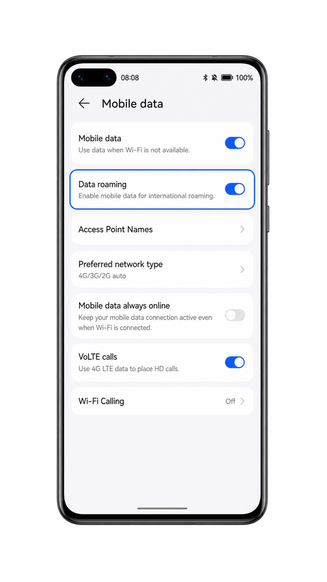 Huawei P40 Mobile data screen with Data roaming highlighted