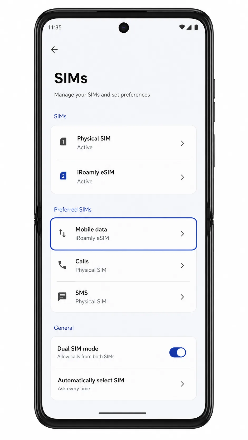 Motorola Razr 60 Ultra selecting iRoamly eSIM for mobile data
