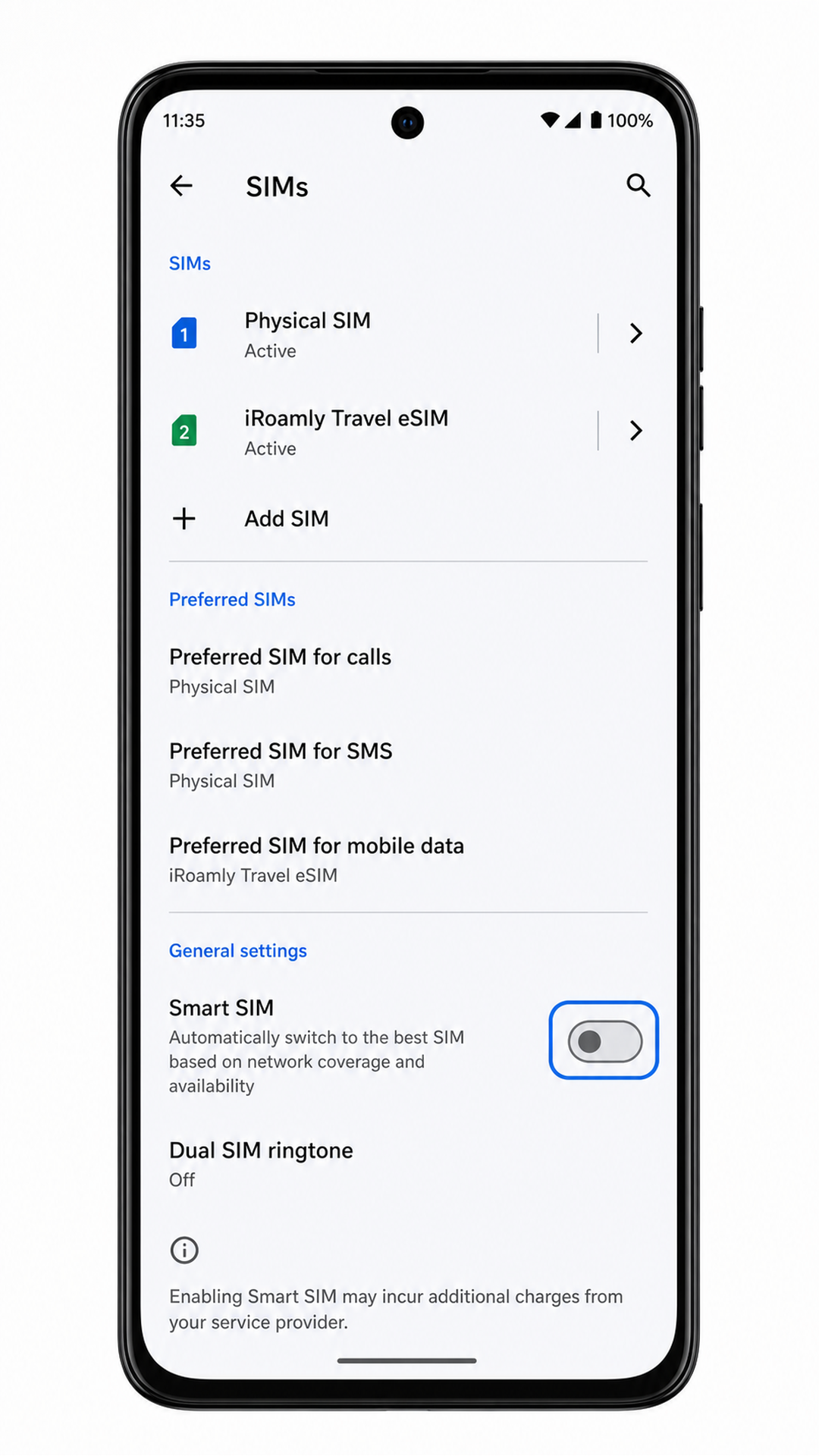 Moto G Power (2024) SIM settings showing data switching disabled