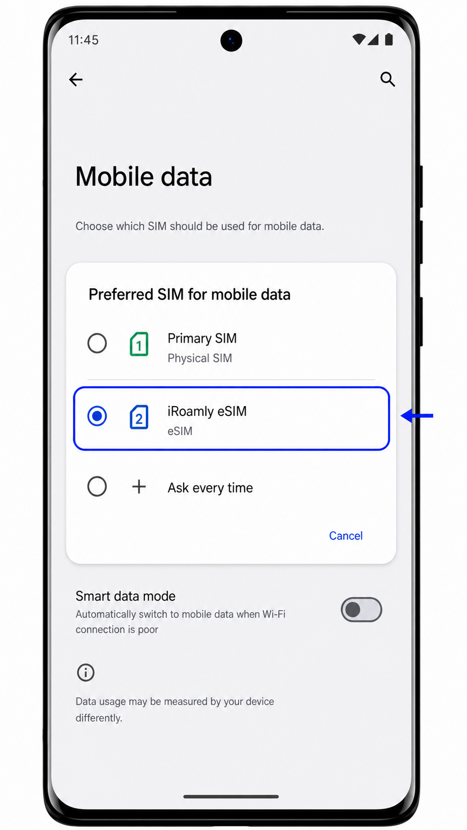 Motorola Edge 2023 mobile data preference set to iRoamly eSIM