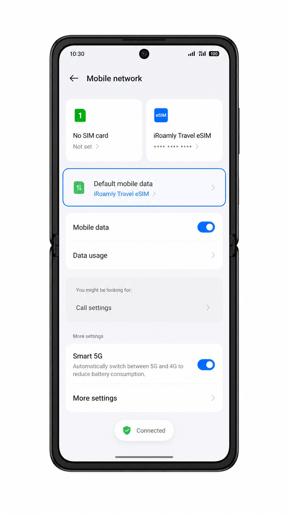 Oppo Find N2 Flip status and mobile data screen showing iRoamly data connected