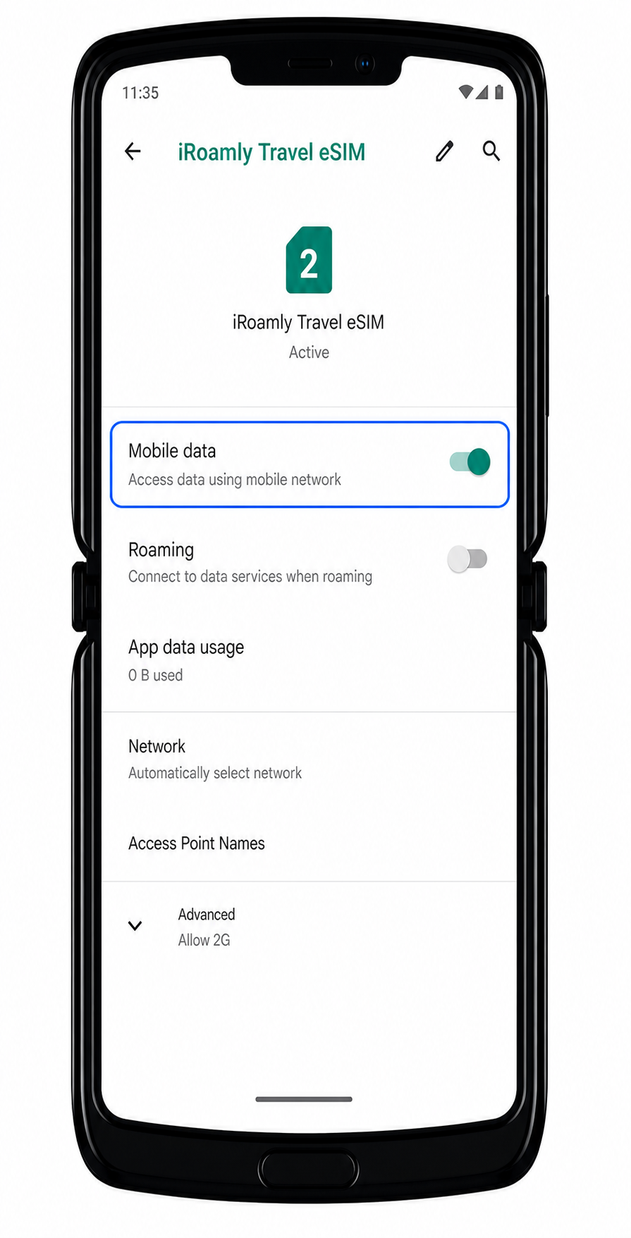 Motorola Razr 2019 data Step 2: Mobile data enabled for iRoamly eSIM