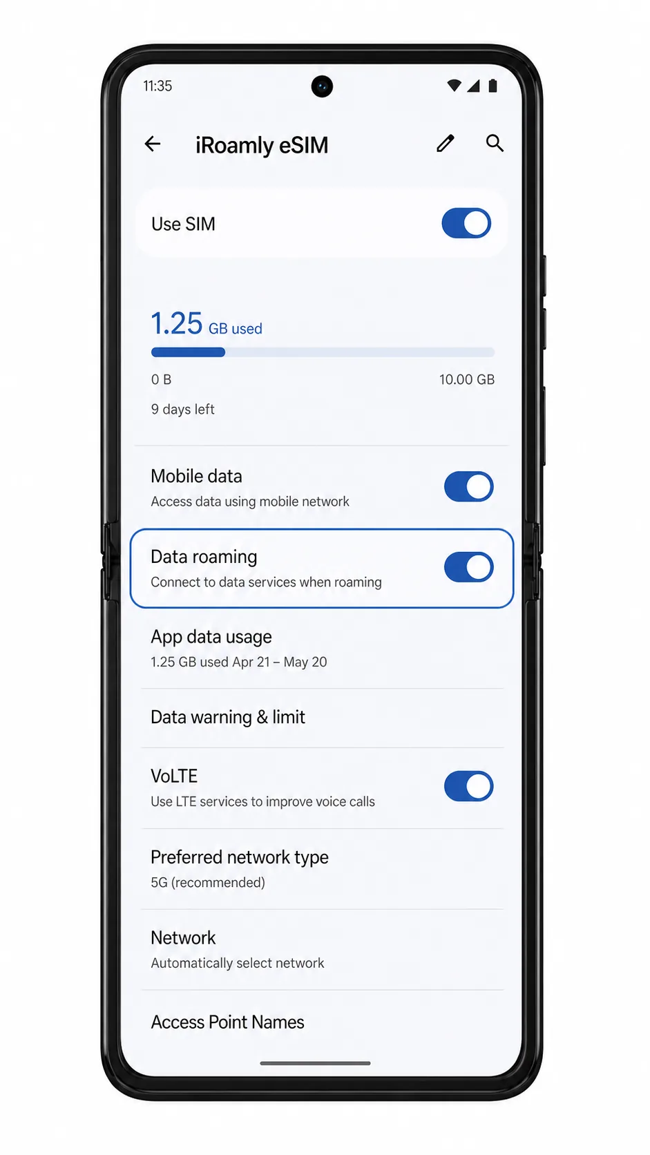 Motorola Razr 60 Ultra Data roaming switch for iRoamly eSIM