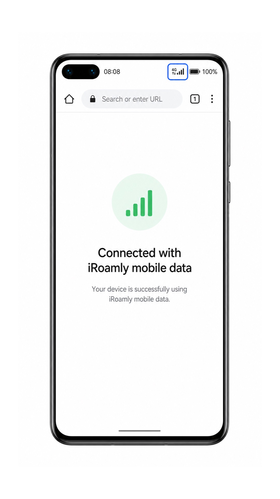 Huawei P40 browser test screen showing iRoamly mobile data connected
