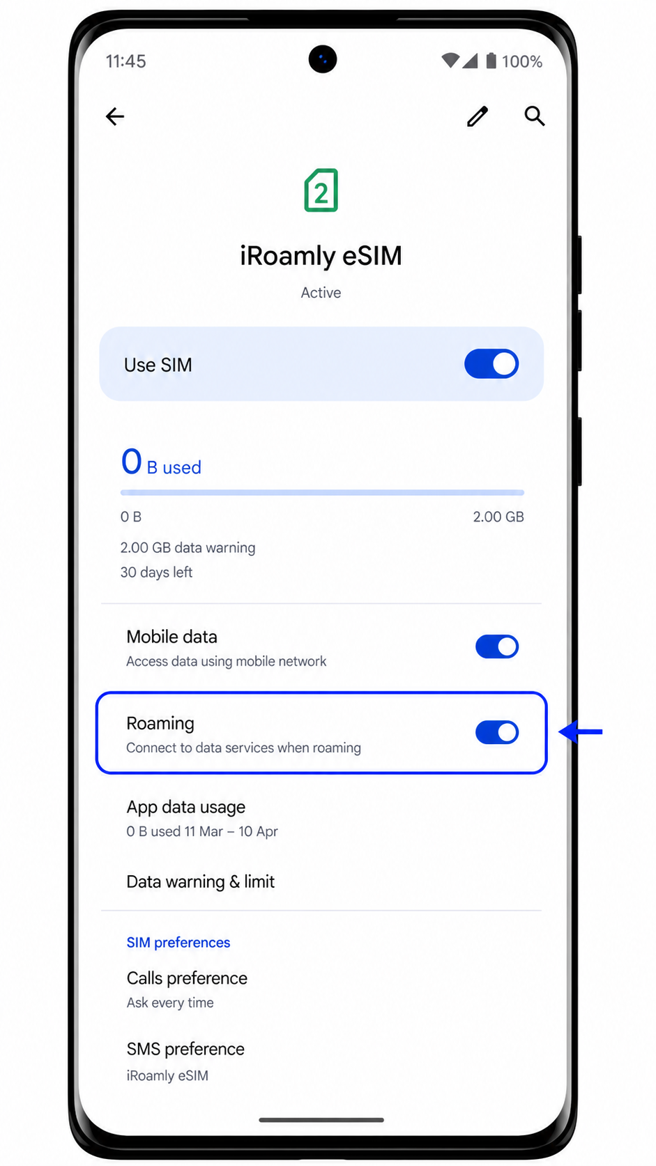 Motorola Edge 2023 roaming toggle enabled for iRoamly eSIM travel data