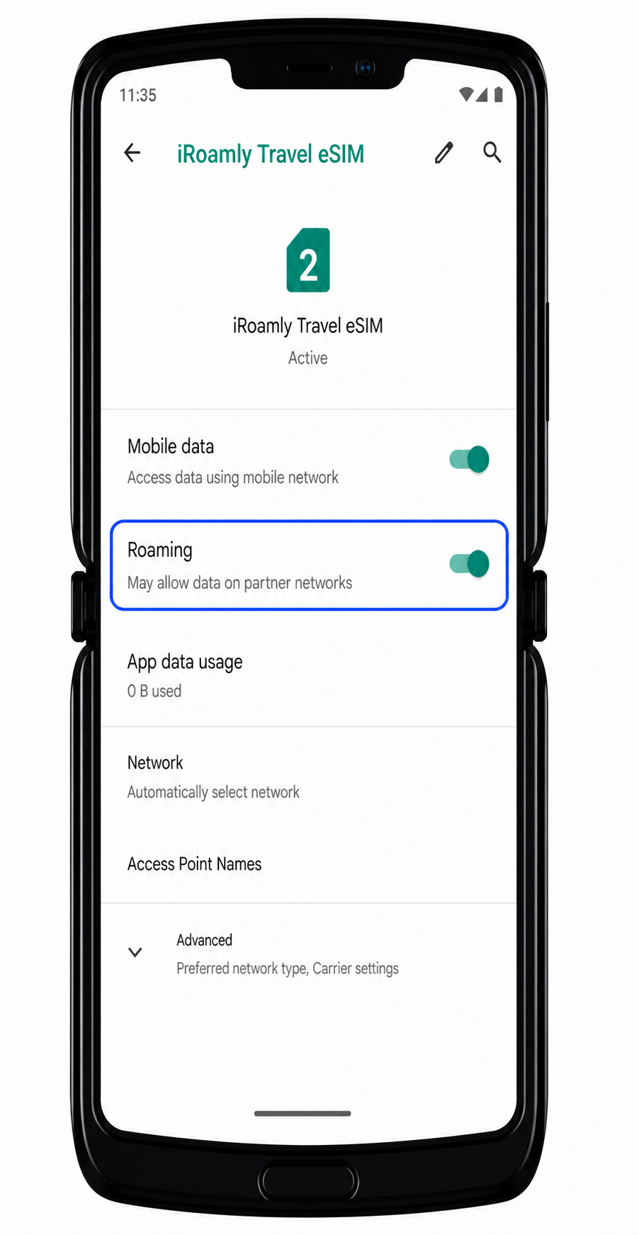 Motorola Razr 2019 data Step 3: Roaming enabled for iRoamly travel eSIM
