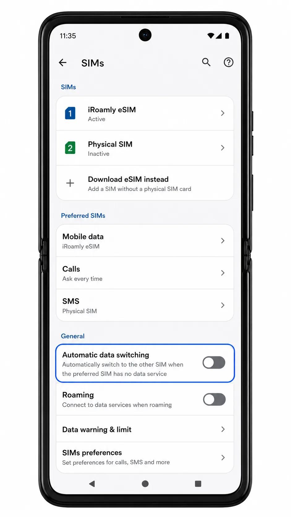 Motorola Razr 60 Ultra automatic mobile data switching disabled