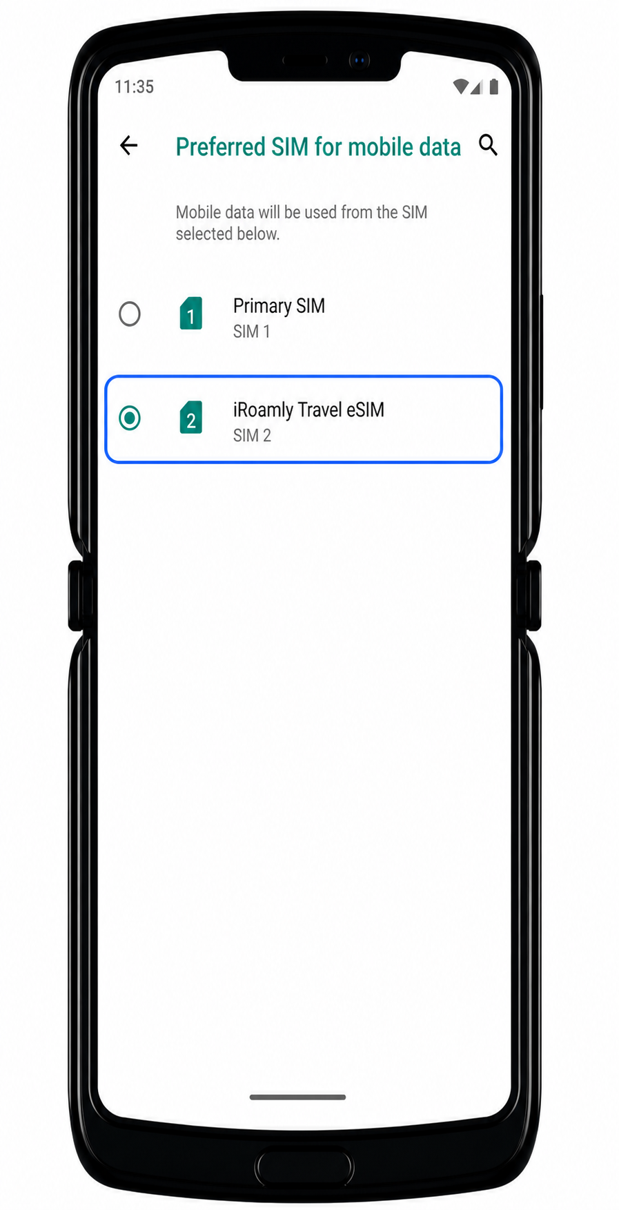 Motorola Razr 2019 data Step 4: iRoamly selected as mobile data line