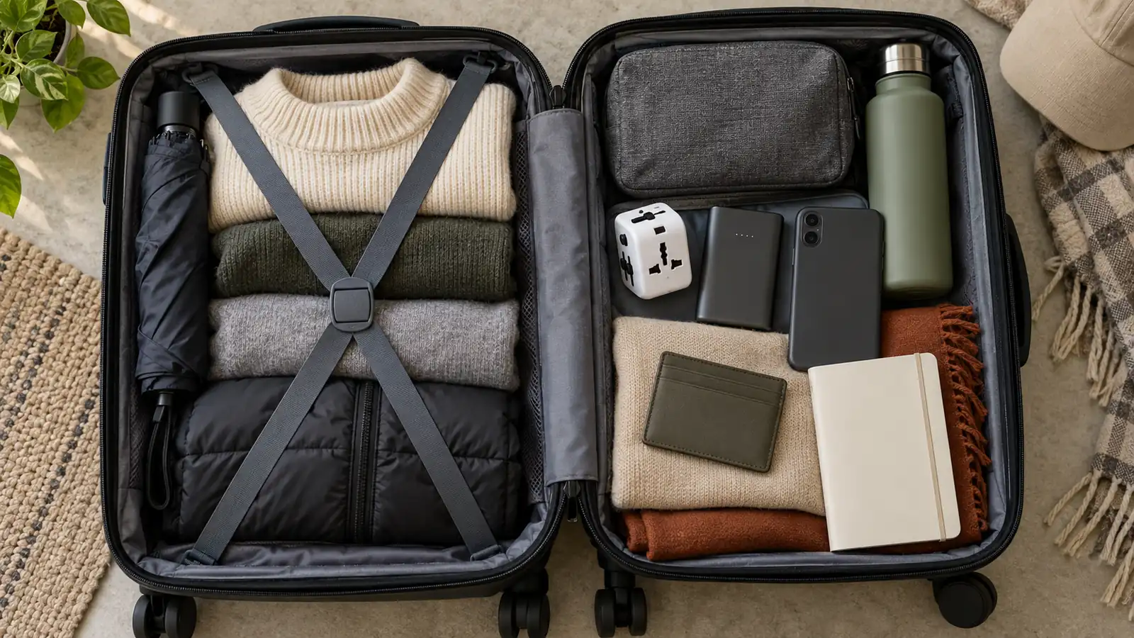 Practical packing and trip preparation for China Layered clothing, power adapter, power bank, and travel essentials packed for China