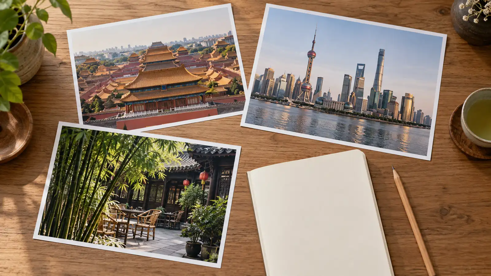 Choosing China cities for a varied itinerary Photo prints of Beijing, Shanghai, and a Chengdu teahouse arranged for trip planning