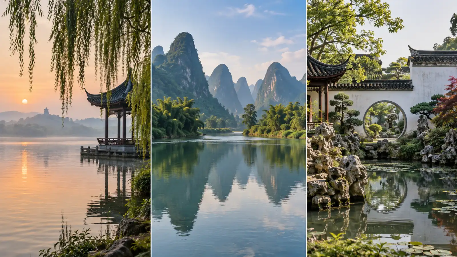 Nature and slower city stops in China West Lake, Yangshuo karst scenery, and a Suzhou garden