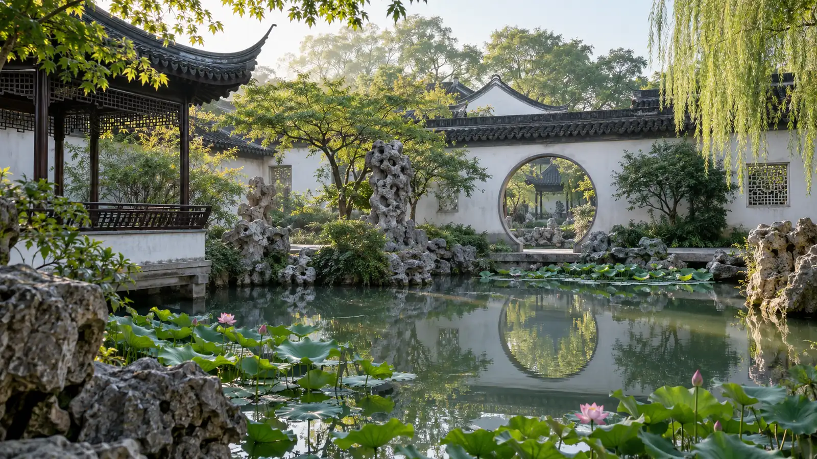 Classical garden scenery in Suzhou Classical Suzhou garden with a moon gate, pond, and Taihu rockeries
