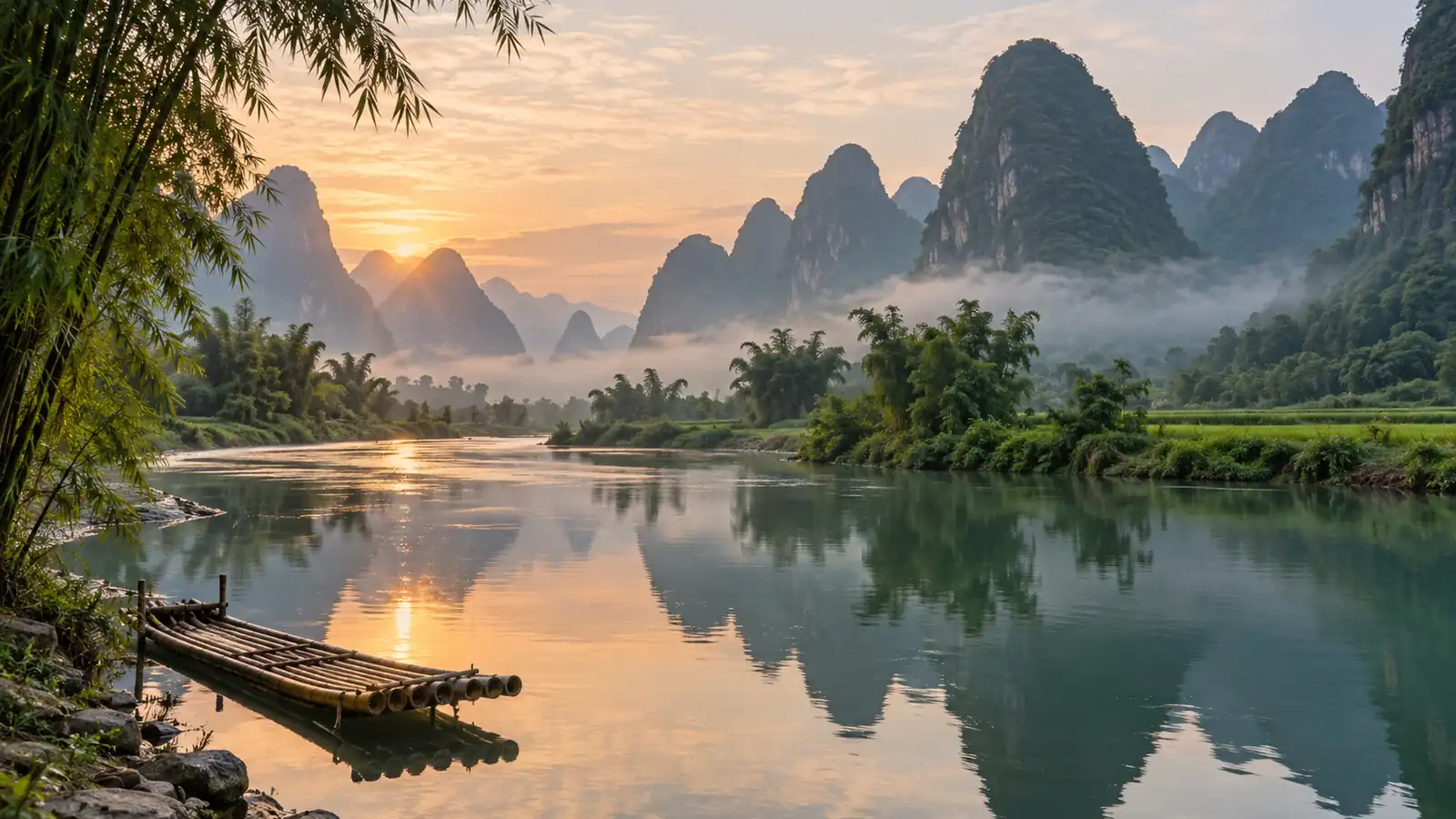 Yangshuo karst scenery along the Yulong River Yulong River and limestone karst peaks near Yangshuo at sunrise