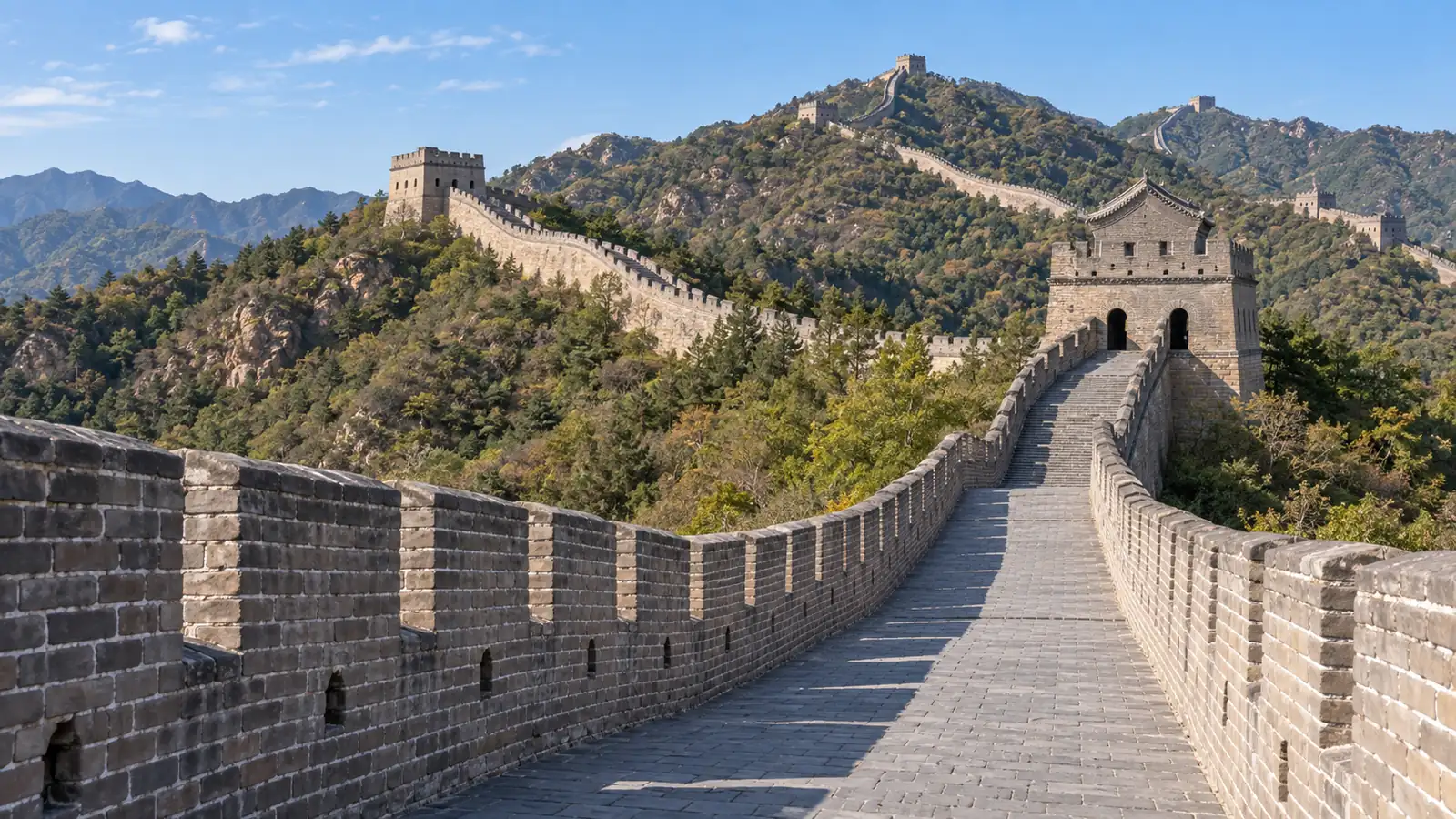 Broad restored walkway and watchtowers at Badaling Great Wall near Beijing