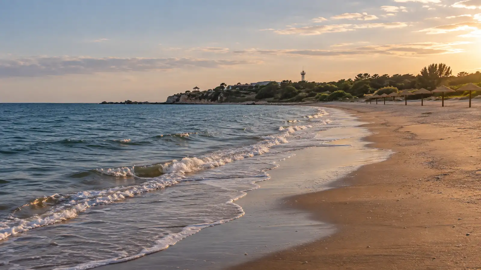 Beidaihe beach on a summer evening in northern China Sandy Beidaihe shoreline on the Bohai Sea near Qinhuangdao