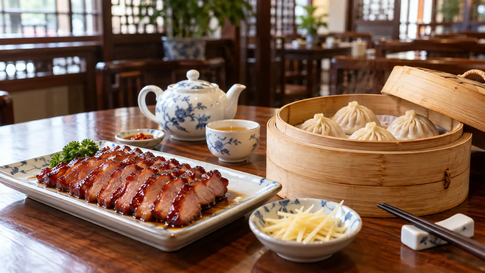 Char siu and xiaolongbao at a Chinese teahouse Cantonese char siu and a basket of xiaolongbao