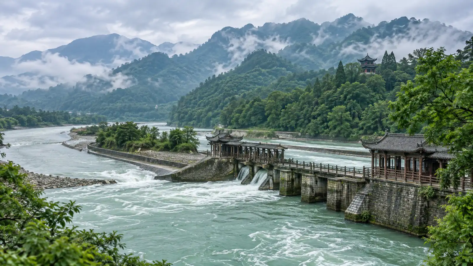 Dujiangyan and Mount Qingcheng day trip Dujiangyan waterways with misty Mount Qingcheng scenery