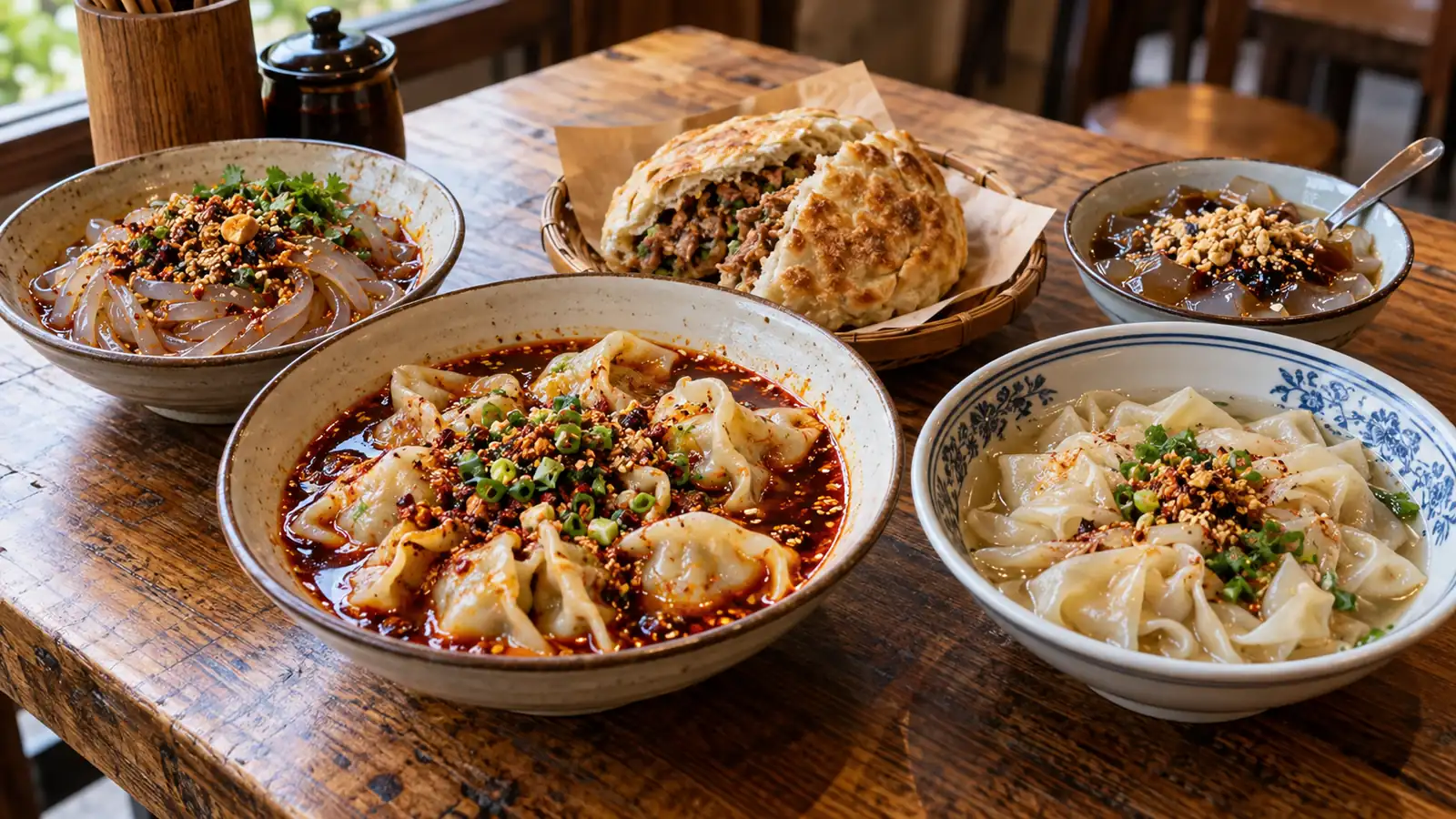 Traditional Chengdu dumplings and snacks Chengdu snacks including spicy dumplings, wontons, and crisp guokui