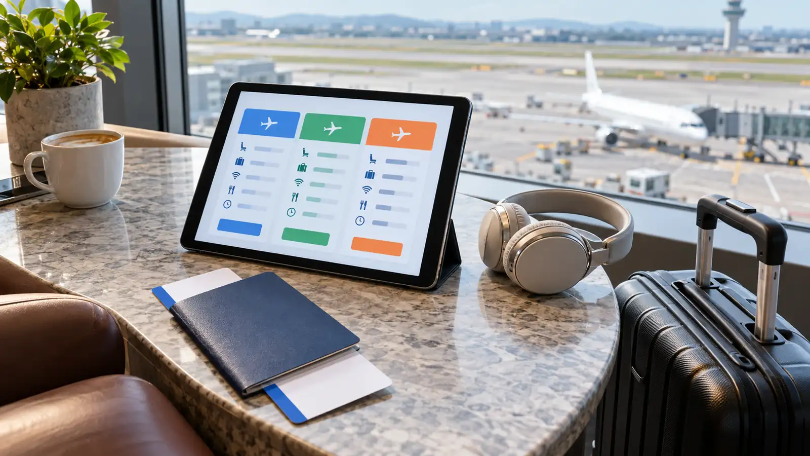 Comparing Airline Fare Value Tablet with an abstract flight comparison beside travel essentials