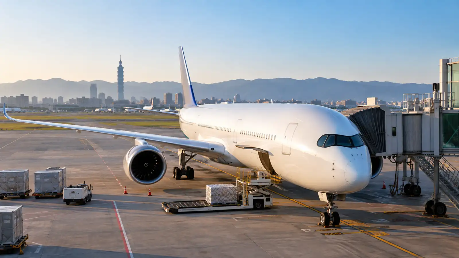 Widebody Passenger Aircraft at a Taipei Airport Gate Widebody passenger aircraft at a Taipei airport gate