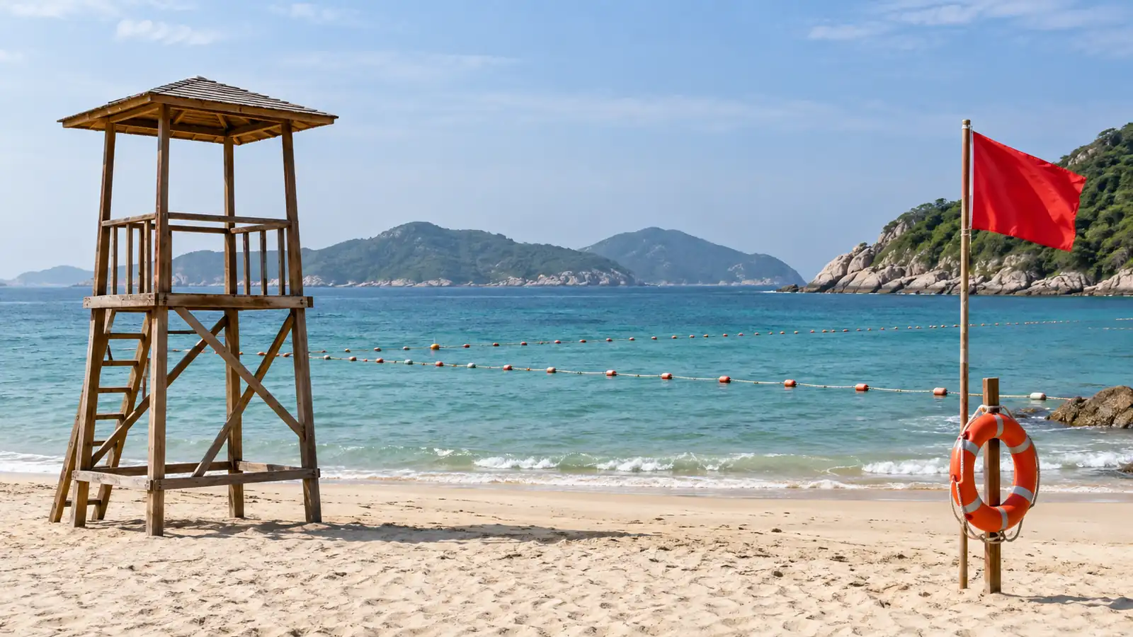 Use managed swimming zones and follow local beach safety signals Lifeguard tower, marked swimming zone, life ring, and safety flag on a China beach