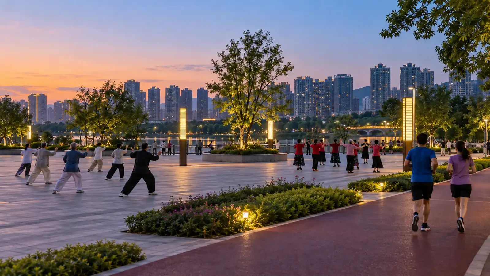 Tai chi, square dancing, and running in a Chinese city park at dusk