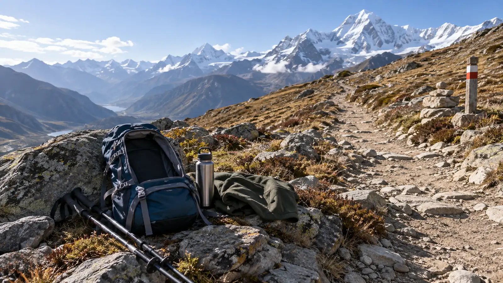 Hiking gear beside a gradual high-altitude mountain trail Hiking gear beside a gradual high-altitude mountain trail