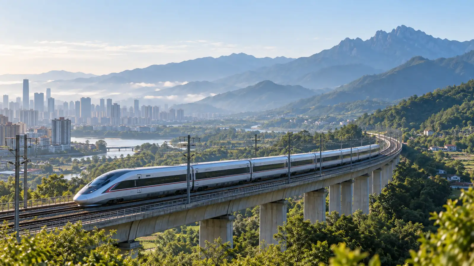 High-speed train connecting a Chinese city with a mountain region High-speed train connecting a Chinese city with a mountain region